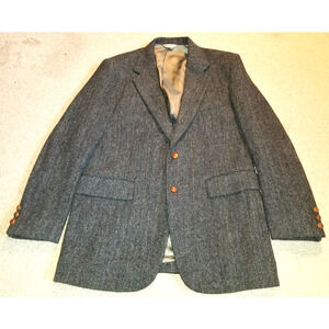 VINTAGE Mens Blazer-HARRIS TWEED-gray herringbone Scottish wool 2-button-42L